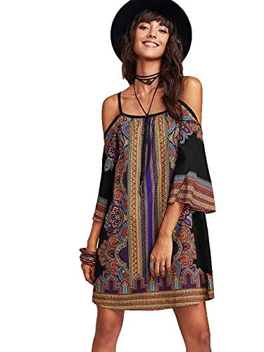 Women's Vintage Print Kimono Sleeve Geometric Tunic Boho Dress Mini floral dresses