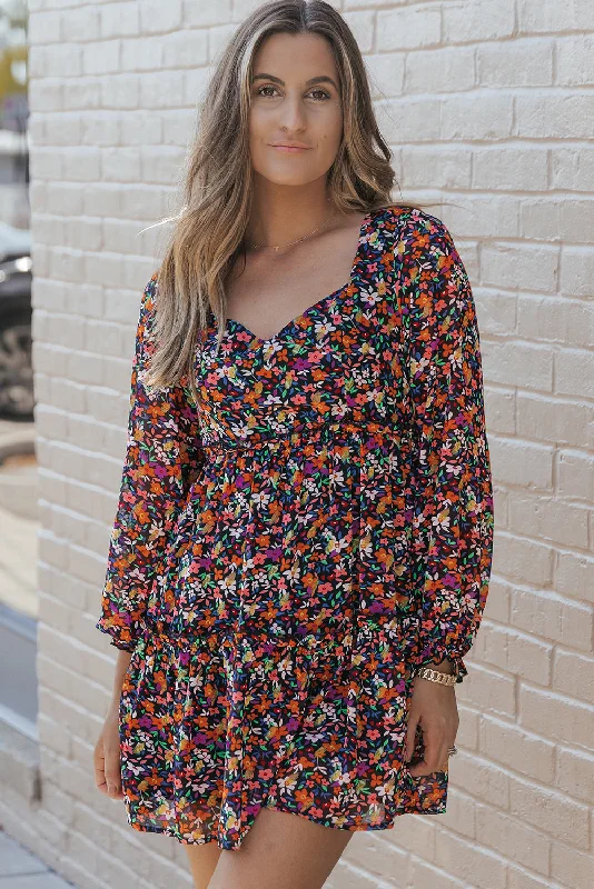 Wrapped V Neckline Long Sleeve Floral Dress Minimalist floral dresses