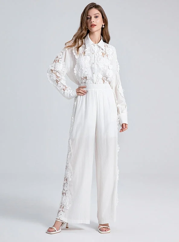 Lace Flower Long Sleeve Shirt+High Waist Lace Pant Suit Lace Maxi Skirt