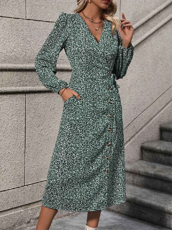 Long Sleeve V-neck Floral Fress Velvet Maxi Skirt