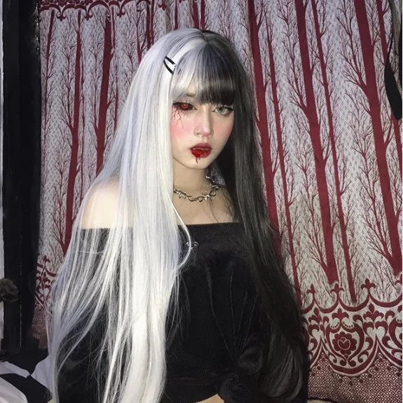 Review For Punk Half Black Half White Long Wig YV40711 Pleated A-line Skirt