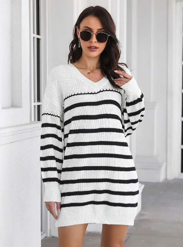 Striped V-neck Long Sleeve Sweater Maxi Skirt Style