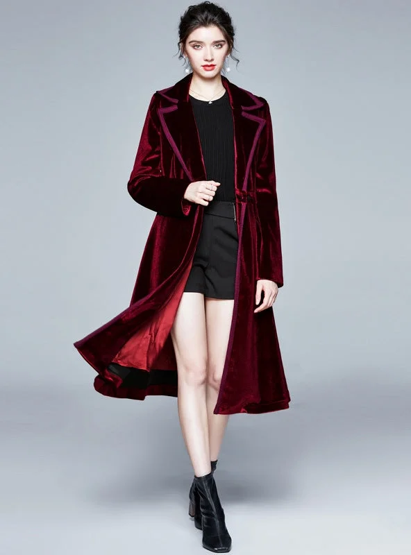 Winter Velvet Long Sleeve Long Coat Button-front Maxi Skirt