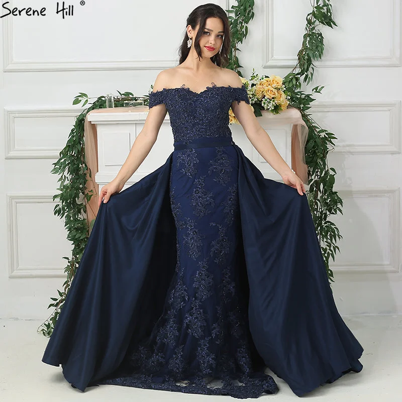 On Sale no return no refundSale Off Shoulder Navy Lace  Evening Dresses Beading Sleeveless Evening Gown LA6565 Vintage Lace Gown