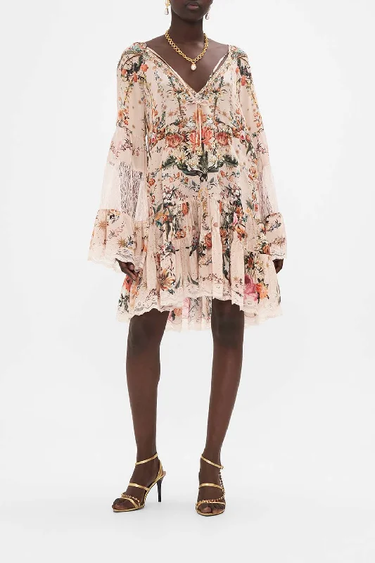 A-LINE GATHERED PANEL DRESS WITH LACE ROSE GARDEN REVOLUTION Boho Lace Dress