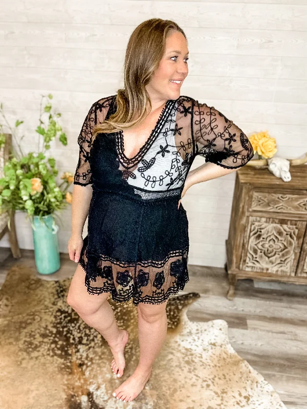 Katie - Half Sleeve Lace Tunic Cover Up in Black Lace Dress Look