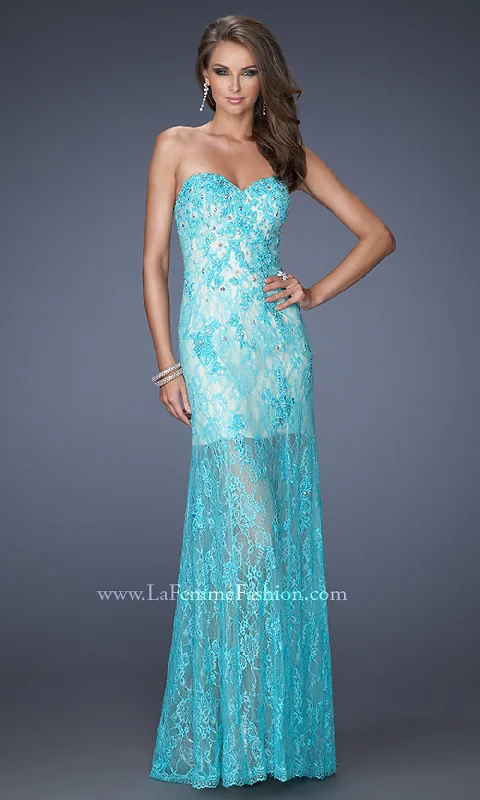 Strapless Sweetheart La Femme Long Lace Prom Dress Lace Gown Glam