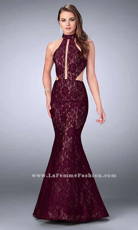 La Femme Long Lace Prom Dress with Cut Outs Soft Lace Dress