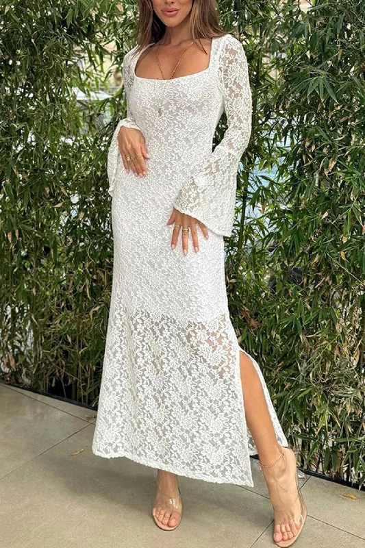 Lace Long Flare Sleeve Slit Dress Lace Dress Formal