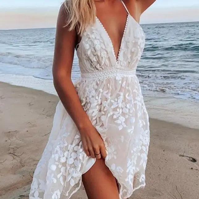 Lace V-Neck backless resort dress Ruffled Lace Gown