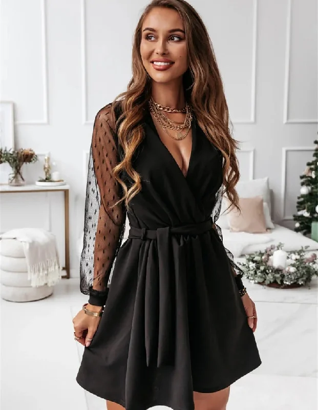 Plain V Neck Long Sleeve Belted Lace Short A Line Dresses Pink Lace Dress