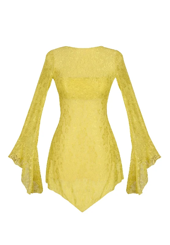 POSY BACKLESS PIXIE DRESS - YELLOW LACE Off-shoulder Lace Dress