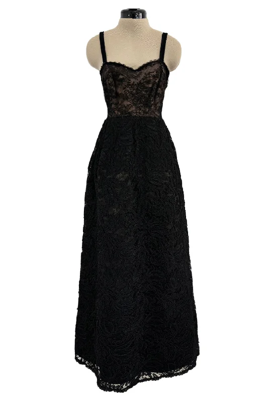 Prettiest 1960s James Galanos Couture Black French Lace & Silk Cord Dress Lace Dress Sparkle