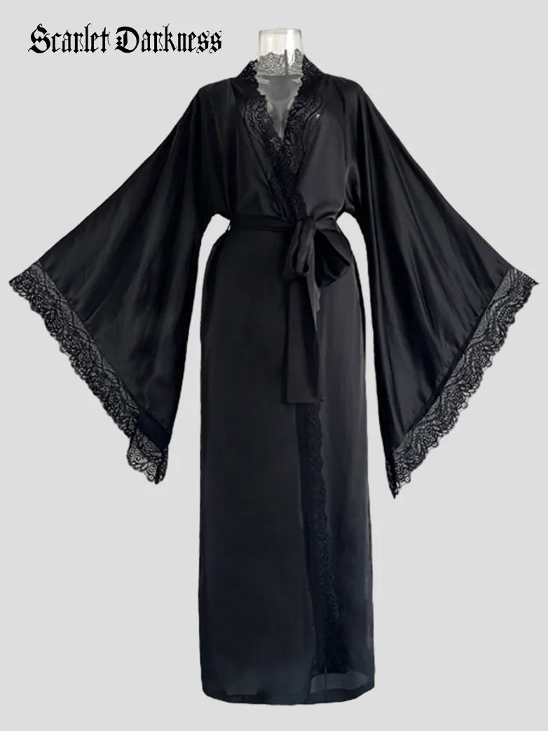 Gothic Sexy Satin Lace Nightgown Women Pajamas Light Lace Dress