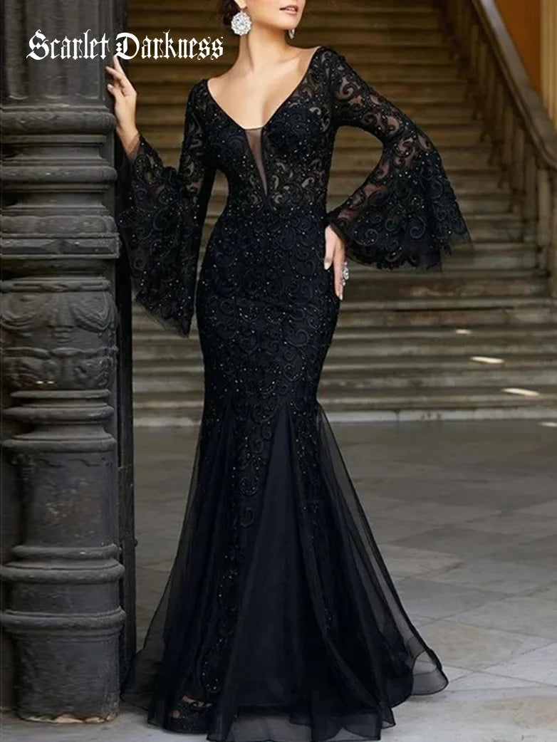 Women Lace Embroidery Fishtail Slim Fit Evening Dress Lace Dress Modern