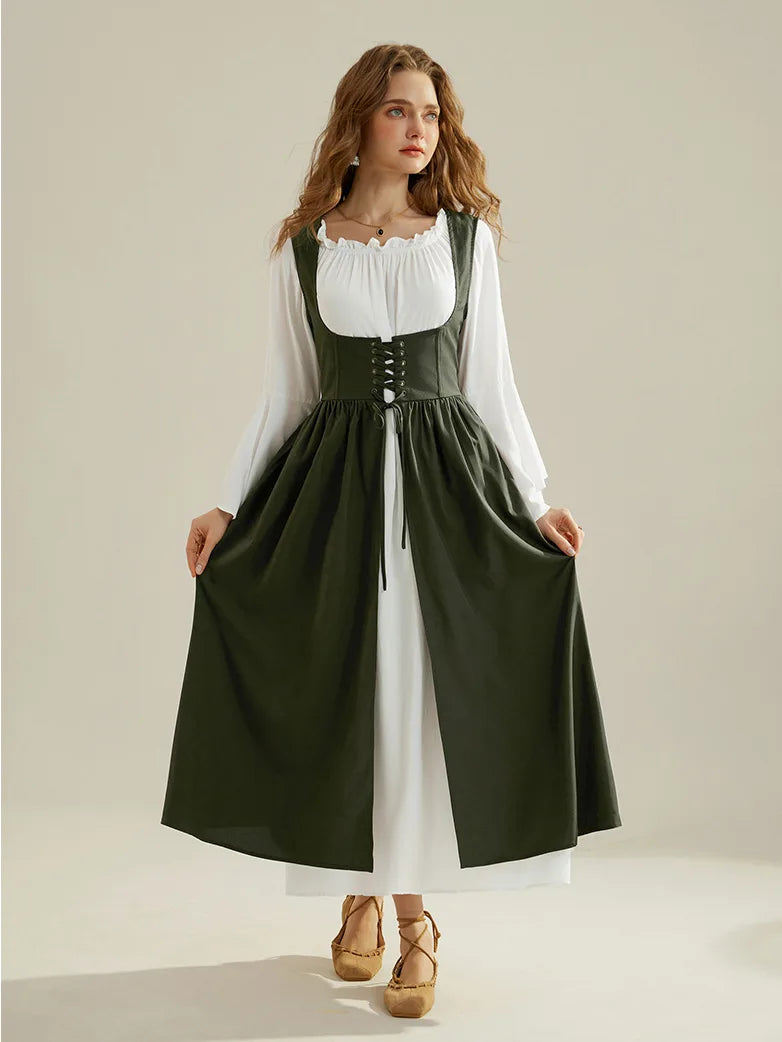 Bell Sleeve Off Shoulder Renaissance Costume+Lace-up Vest Lace Skater Dress