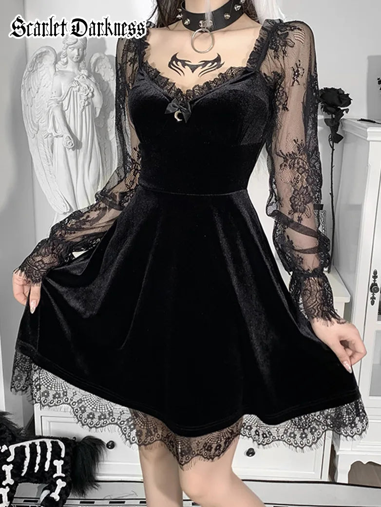 Women Long Sleeve Ruffle Lace Panel Sleeve Waist Dress Lace Dress Deep V