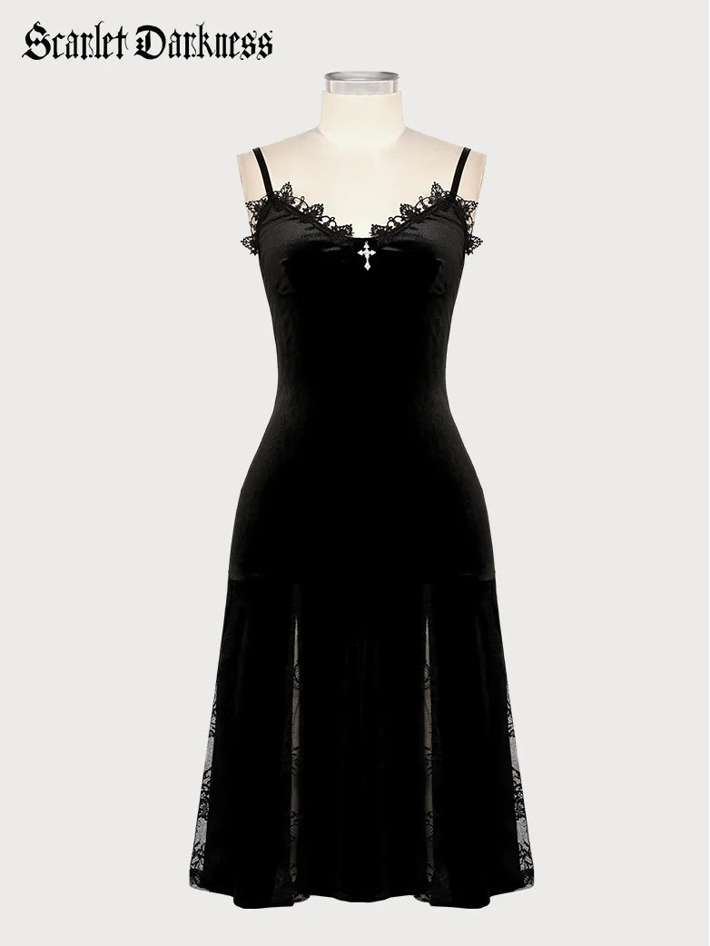 Women Victorian Gothic Style Black Lace Velvet Slip Dress Bohemian Lace Dress