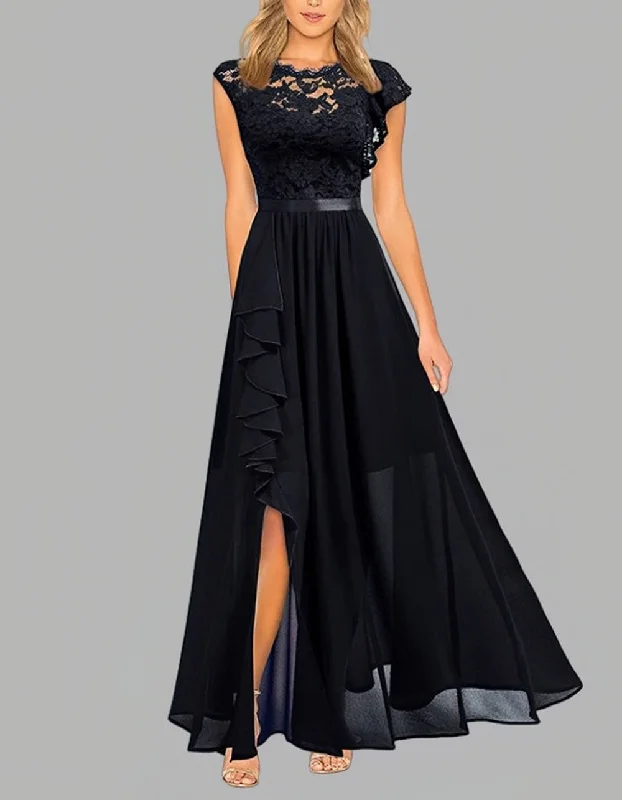 Solid-color Round Neck Lace Slits Asymmetrical Long High Waist Evening Dresses Lace Bodycon Dress