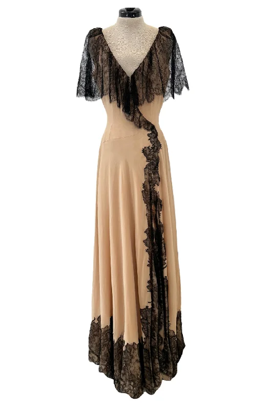 Spectacular Fall 1988 John Anthony Bias Cut Taupe Silk Chiffon Wrap Dress w Hand Made Lace Detailing Lace Dress Sleek