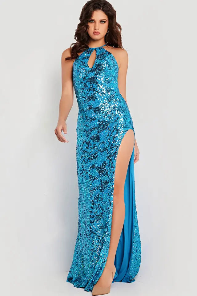 Jovani -37245 Halter Sequin Fitted Prom Dress High Neck Sequin