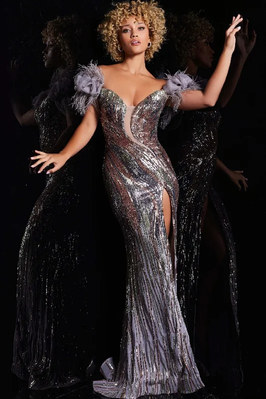 Sequin Feather Off Shoulder Slit Gown by Jovani 38679 Off-shoulder Sequin