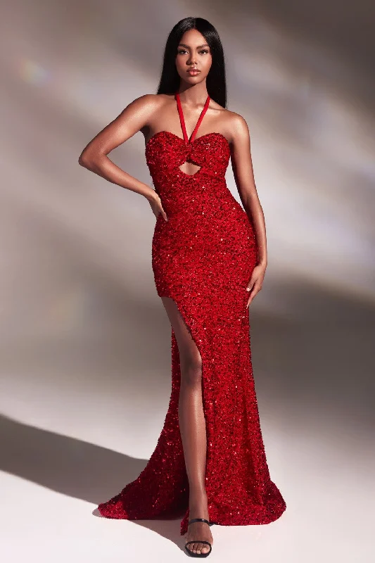 Sequin Fitted Halter Sheath Dress By Cinderella Divine -CD883 Strapless Sequin Dress