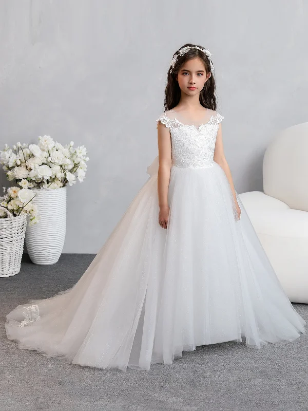 Crew Neck Tulle Flower Girl Dresses with Applique & Bowknot Tulle Dress Fluffy