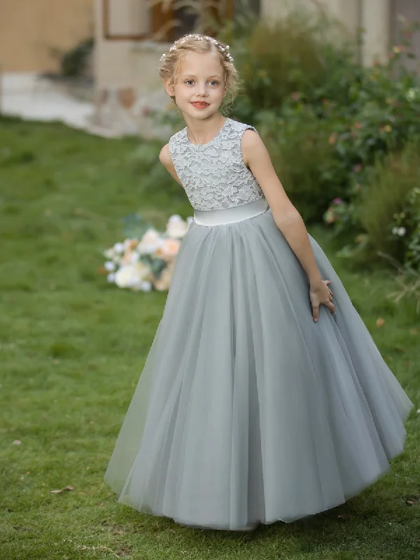 Crew Neck Tulle Flower Girl Dresses with Applique & Sash Tulle Dress Twirl