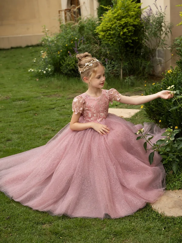 Crew Neck Tulle Flower Girl Dresses with Applique & Satin Bowknot Tulle Midi Dress