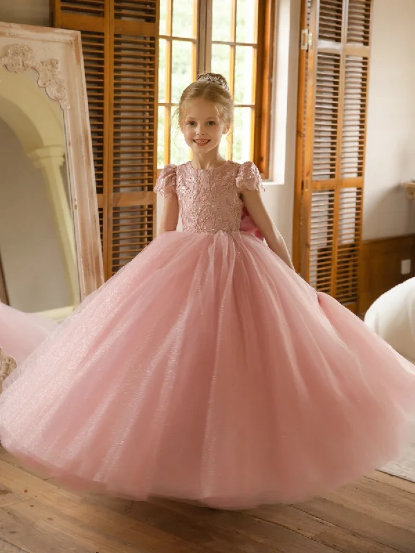 Crew Neck Tulle Flower Girl Dresses with Applique & Satin Bowknot Pleated Tulle Dress