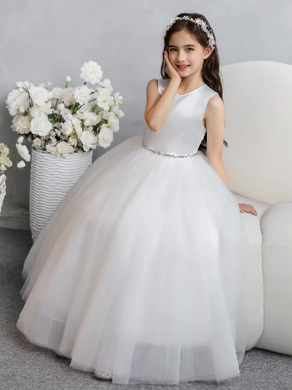 Crew Neck Tulle Flower Girl Dresses with Bowknot & Beading Waist Tulle Dress Perfect