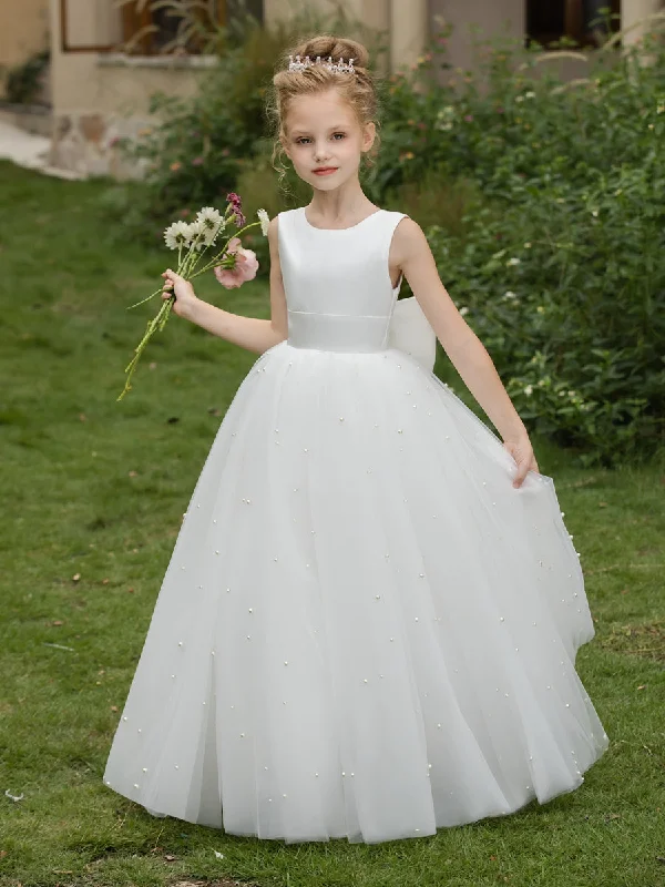 Crew Neck Tulle Flower Girl Dresses with Pearls & Satin Bowknot Tulle Dress Charm