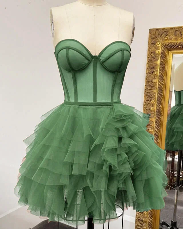 Short Sage Green Tulle Corset Homecoming Dresses Tulle Wedding Dress