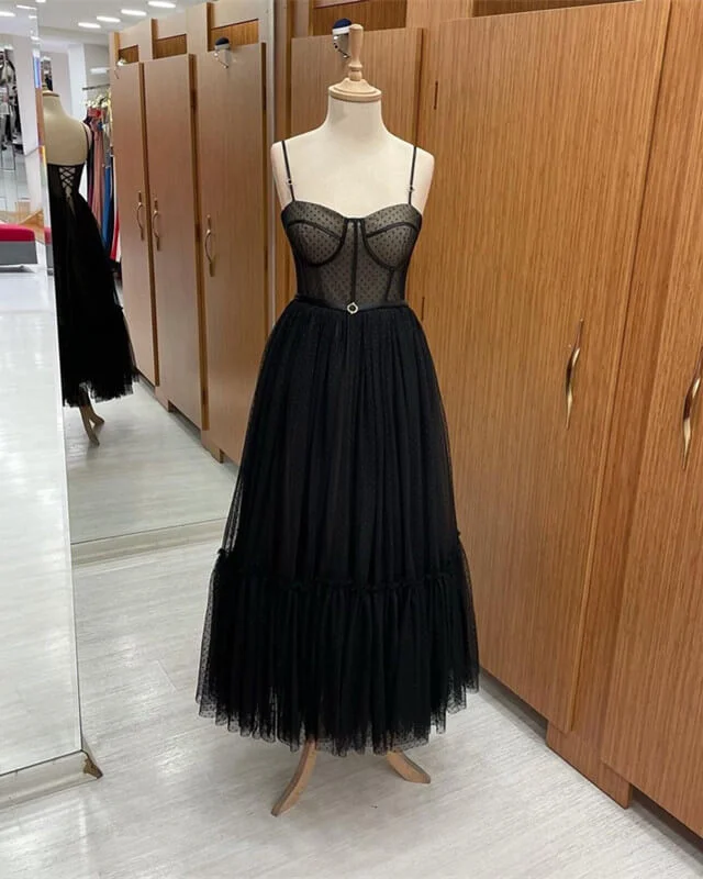 Elegant Black Dot Tulle Corset Dress Sparkling Tulle Dress