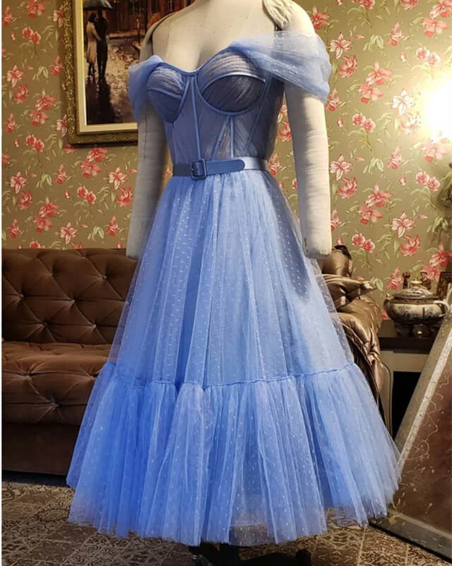 Blue Dot Tulle Off-the-shoulder Corset Dress Tulle Lace Gown