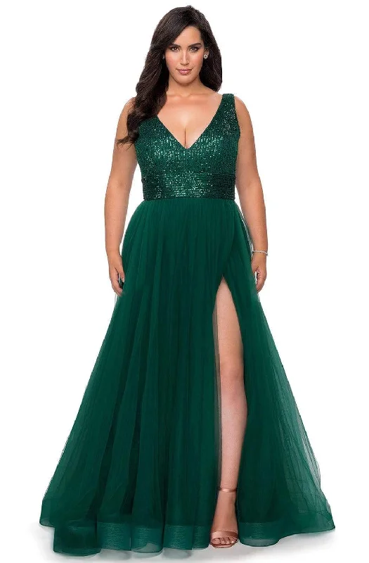 La Femme 29045SC - V-Neck Tulle A-Line Evening Gown Tulle Dress Chic