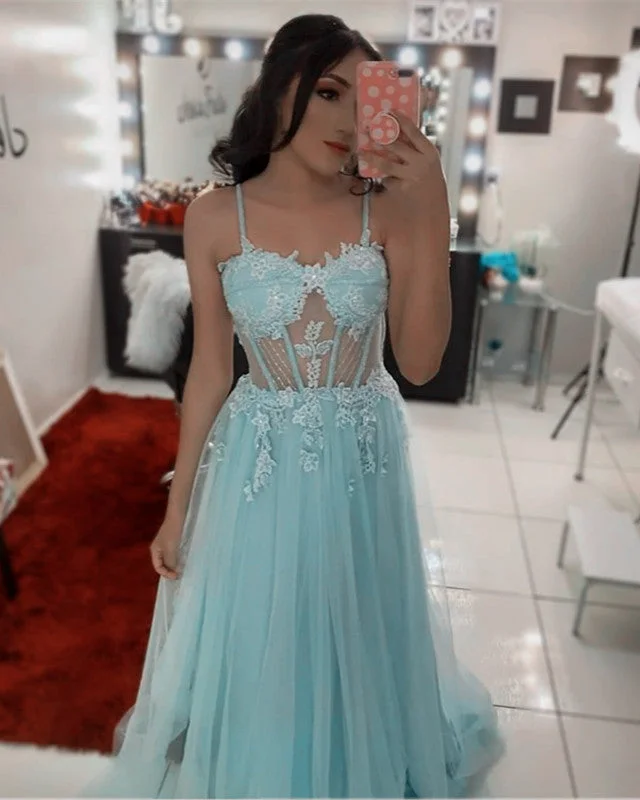 Tulle Sweetheart Corset Prom Dresses Spaghetti Straps Embroidery Lace Tulle Dress