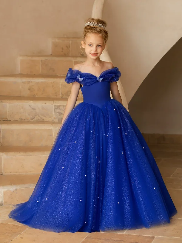 Off-the-Shoulder Tulle Flower Girl Dresses with Pearls Tulle Party Dress