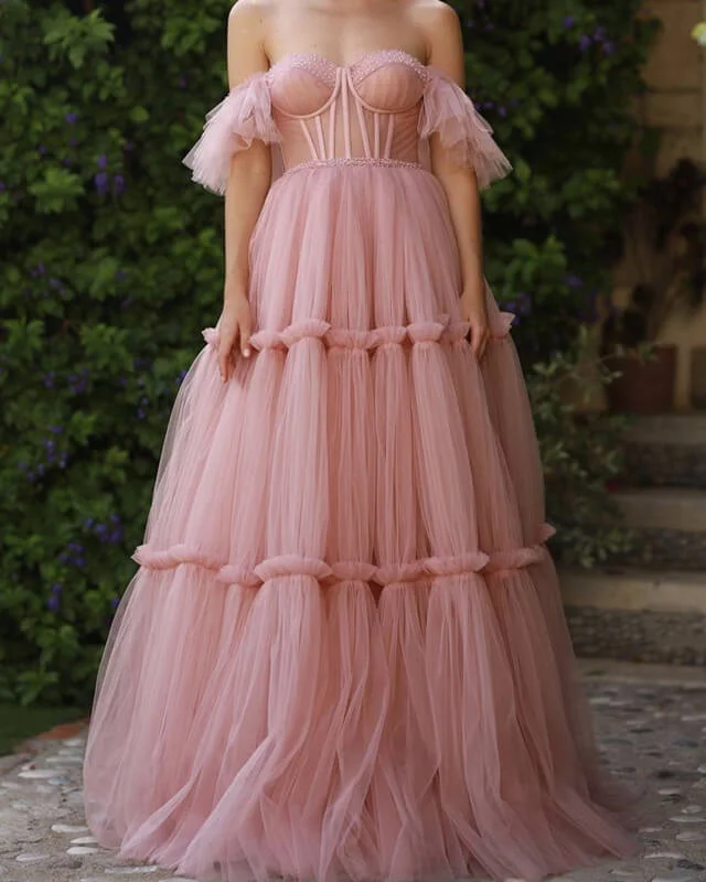 Pink Tulle Layered Corset Prom Dress Casual Tulle Dress