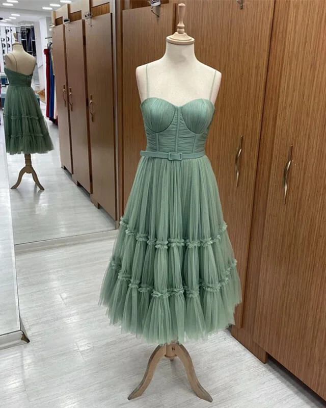 Sage Tiered Tulle Tea Length Corset Dress Chic Tulle Dress