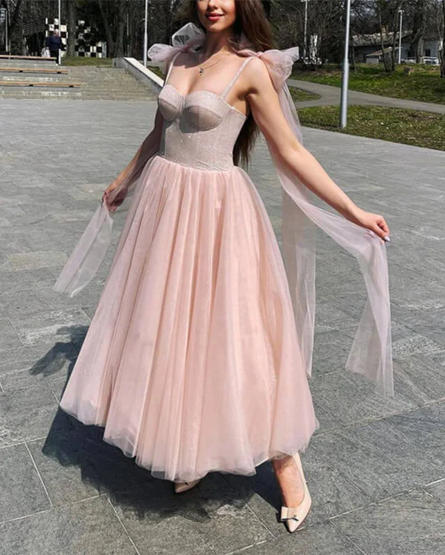 Blush Tulle Ankle Length Dress With Sparkly Corset Tulle Dress Modern