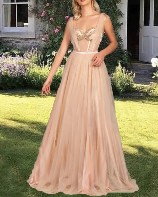 Nude Sweetheart Corset Tulle Prom Dress A-line Tulle Gown