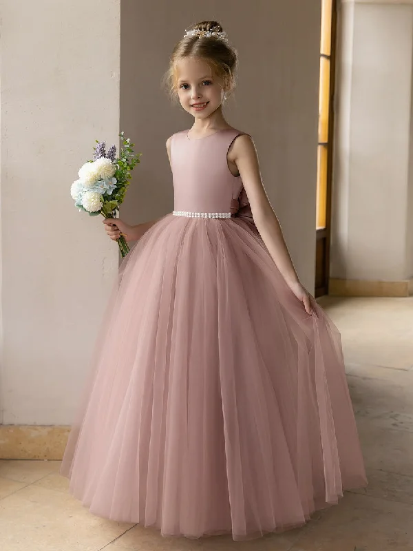 Tulle Ball Gown/Princess Flower Girl Dresses With Pearls & Satin Bowknot Romantic Tulle Gown