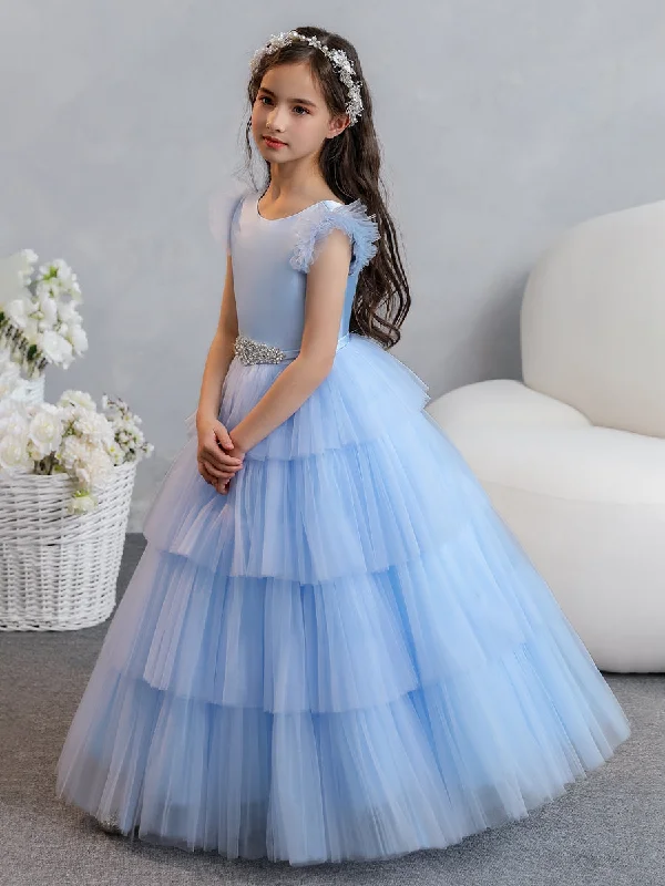 Tulle Ball Gown/Princess Flower Girl Dresses With Tiered Pleats & Rhinestones Bohemian Tulle Dress