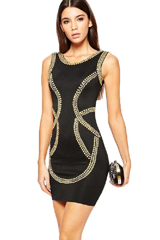 Gold Sequin Embellishment Bodycon Tank Dress Chic Bodycon Fit