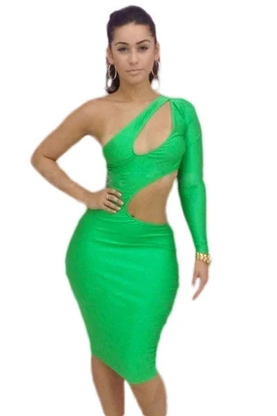 Green One-shoulder Cutout Club Bodycon Dress Elegant Slim Bodycon