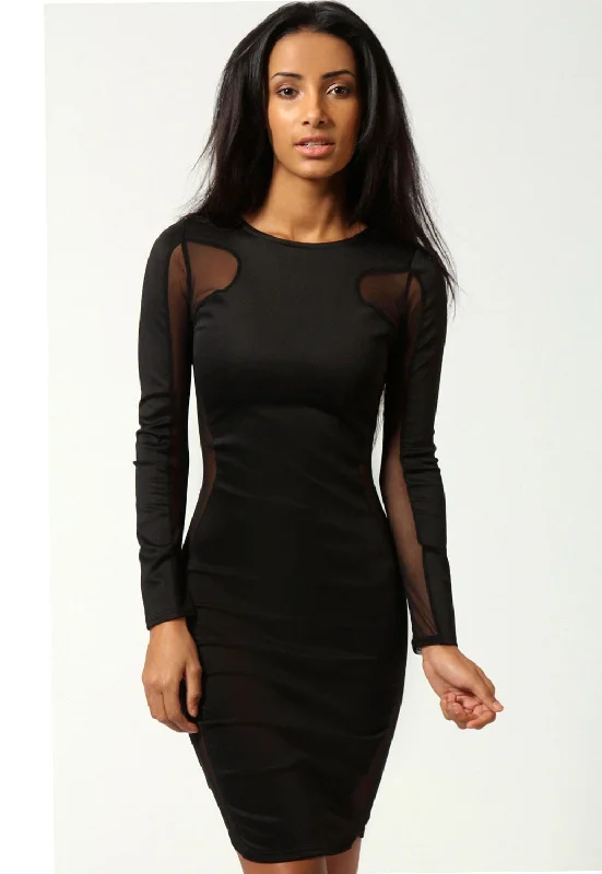 Lily Mesh Exposed Top and Side Bodycon Dress Black Fitted Bodycon Dress