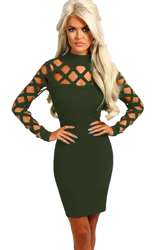 Olive Hollow-out Long Sleeve Mock Neck Bodycon Dress Luxe Bodycon Dress