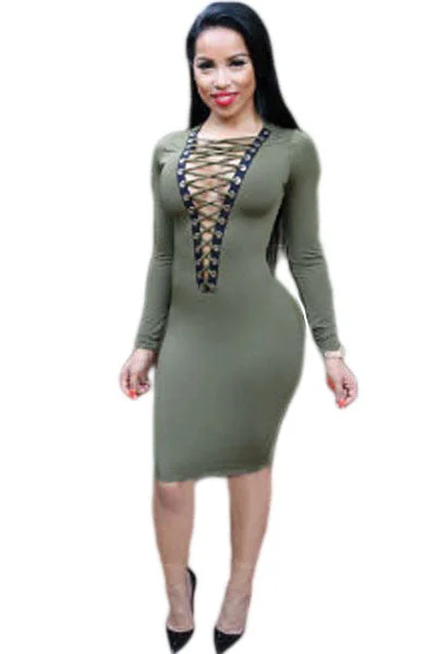 Olive Lace-up V Neck Long Sleeve Bodycon Dress Off-shoulder Dress Set